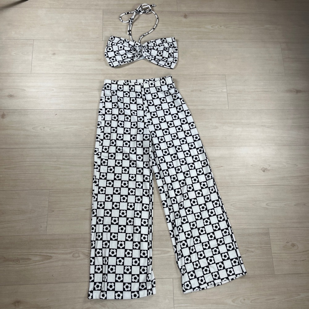 Princess Polly Black White Checkered Floral Halter Top & Wide Leg Pants Set 8